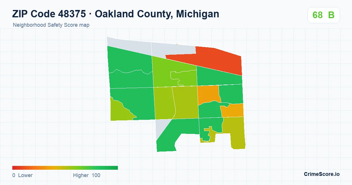 ZIP Code 48375 in Oakland County, Michigan neighborhood Safety Score map