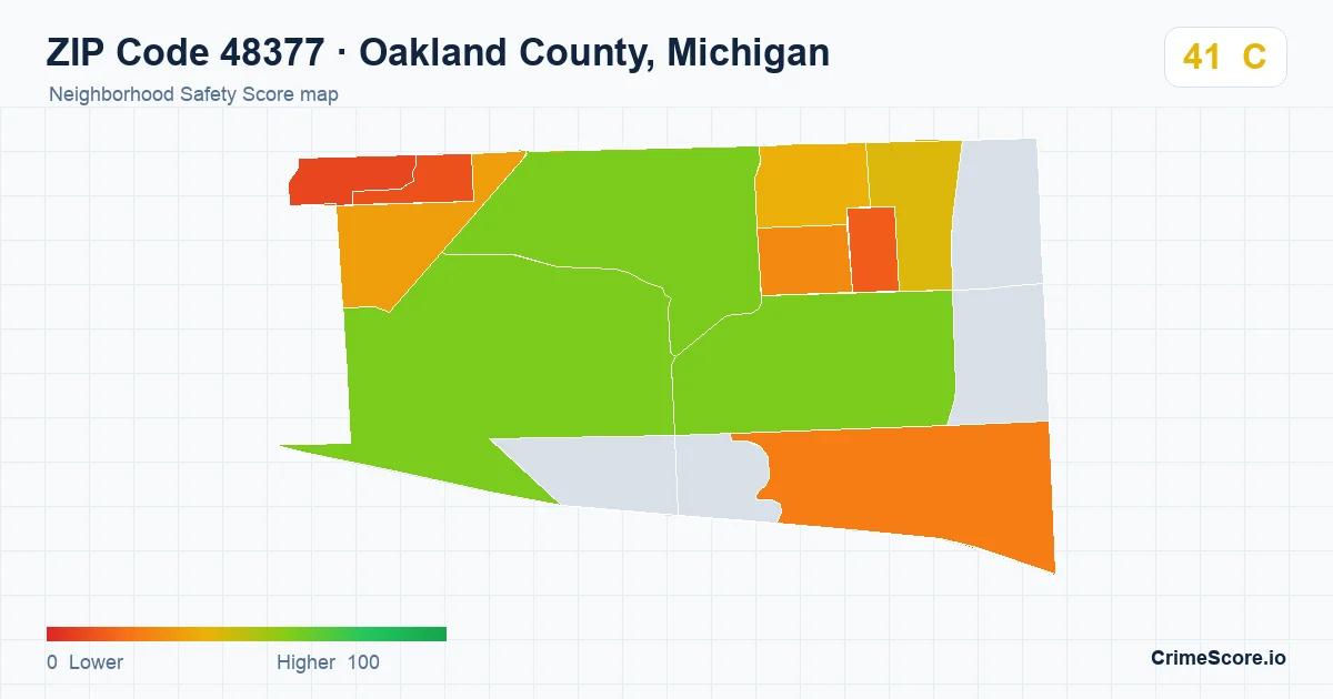 ZIP Code 48377 in Oakland County, Michigan neighborhood Safety Score map
