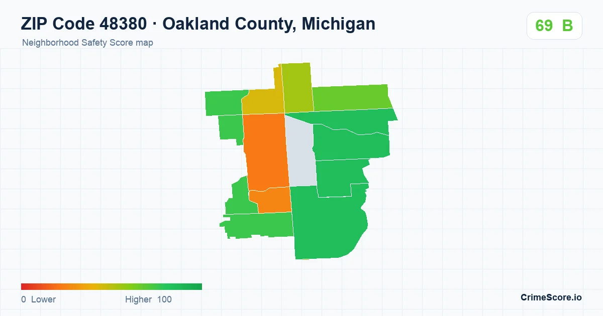 ZIP Code 48380 in Oakland County, Michigan neighborhood Safety Score map