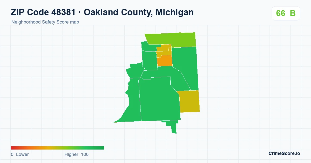 ZIP Code 48381 in Oakland County, Michigan neighborhood Safety Score map