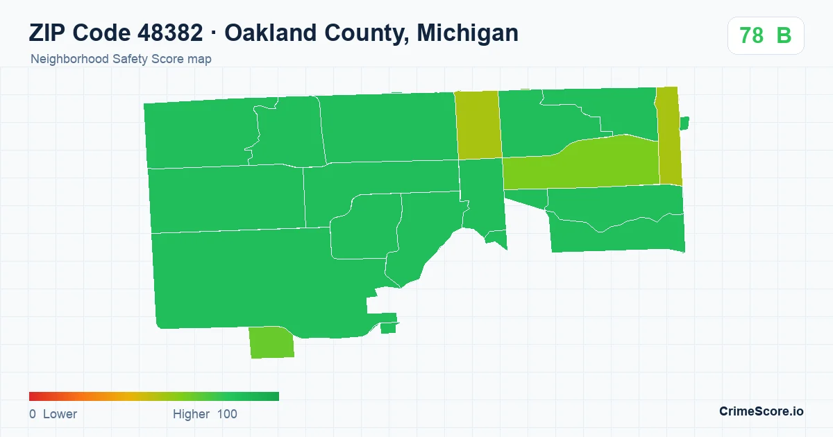 ZIP Code 48382 in Oakland County, Michigan neighborhood Safety Score map
