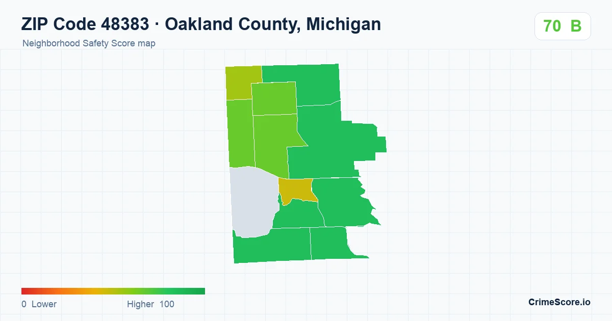 ZIP Code 48383 in Oakland County, Michigan neighborhood Safety Score map