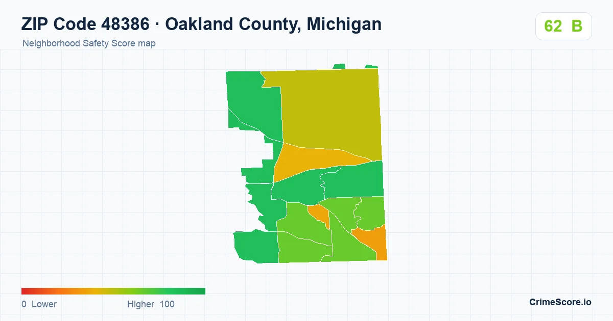 ZIP Code 48386 in Oakland County, Michigan neighborhood Safety Score map