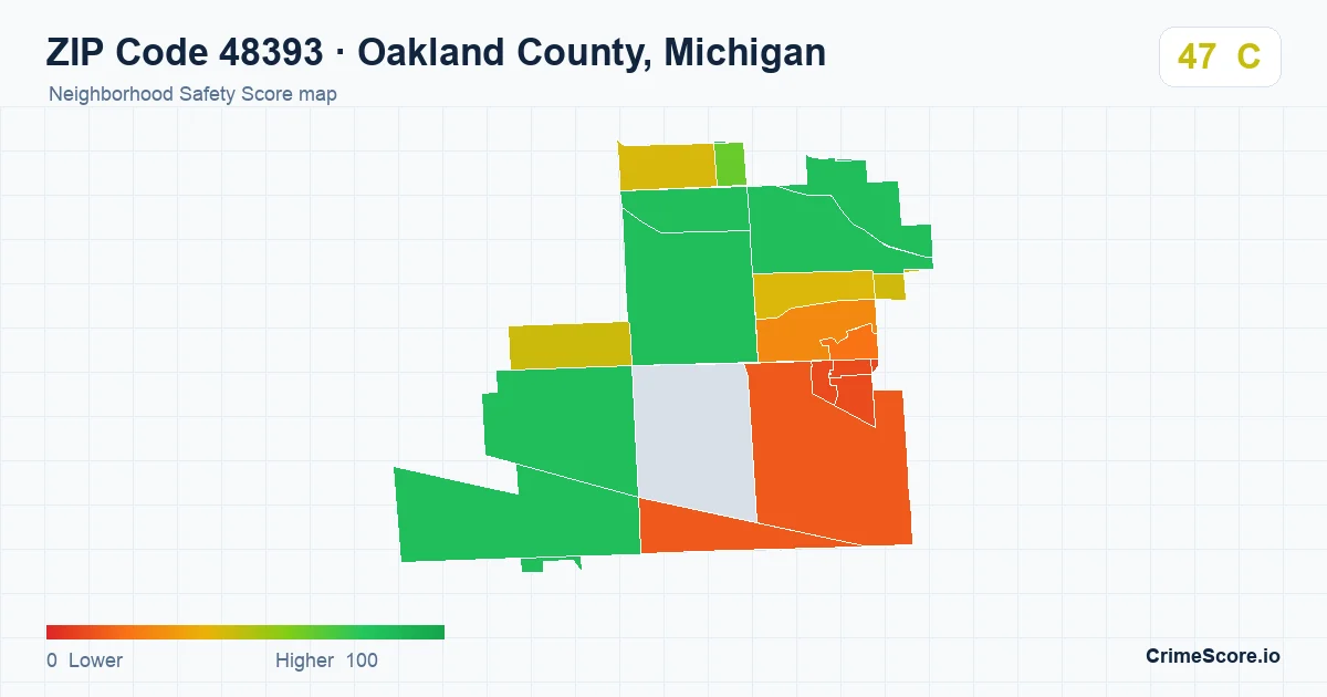 ZIP Code 48393 in Oakland County, Michigan neighborhood Safety Score map