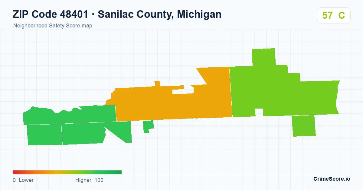 ZIP Code 48401 in Sanilac County, Michigan neighborhood Safety Score map