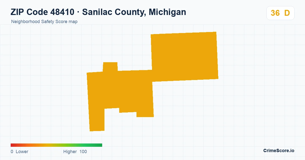 ZIP Code 48410 in Sanilac County, Michigan neighborhood Safety Score map