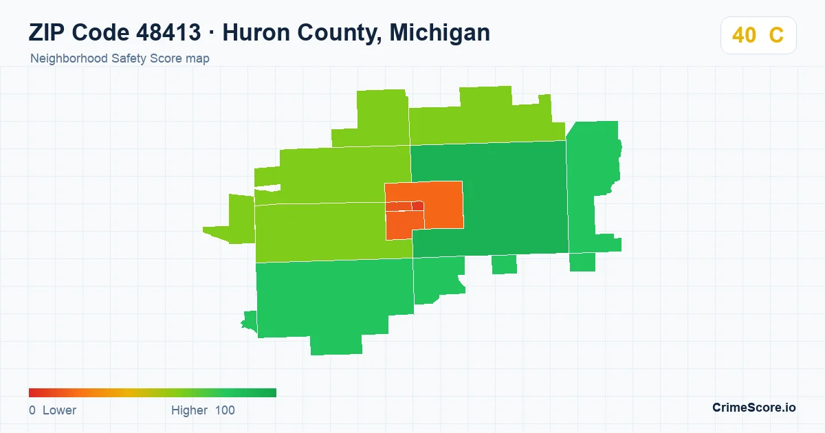 ZIP Code 48413 in Huron County, Michigan neighborhood Safety Score map