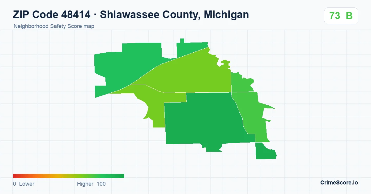 ZIP Code 48414 in Shiawassee County, Michigan neighborhood Safety Score map