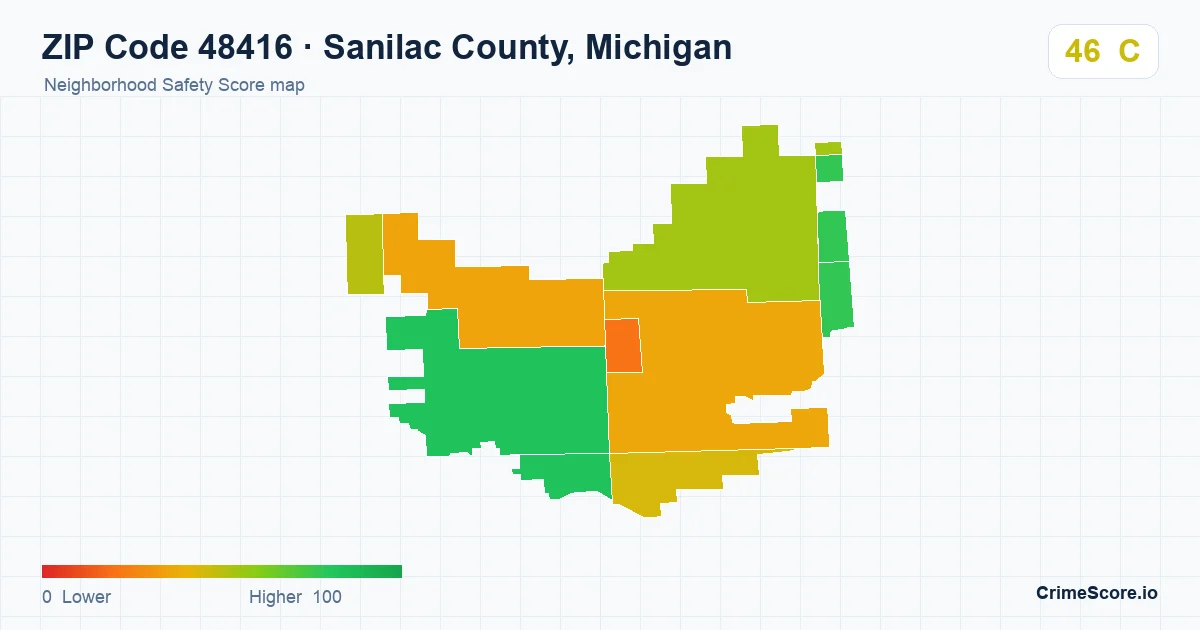 ZIP Code 48416 in Sanilac County, Michigan neighborhood Safety Score map