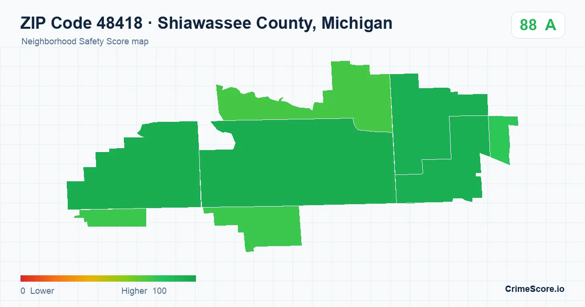 ZIP Code 48418 in Shiawassee County, Michigan neighborhood Safety Score map