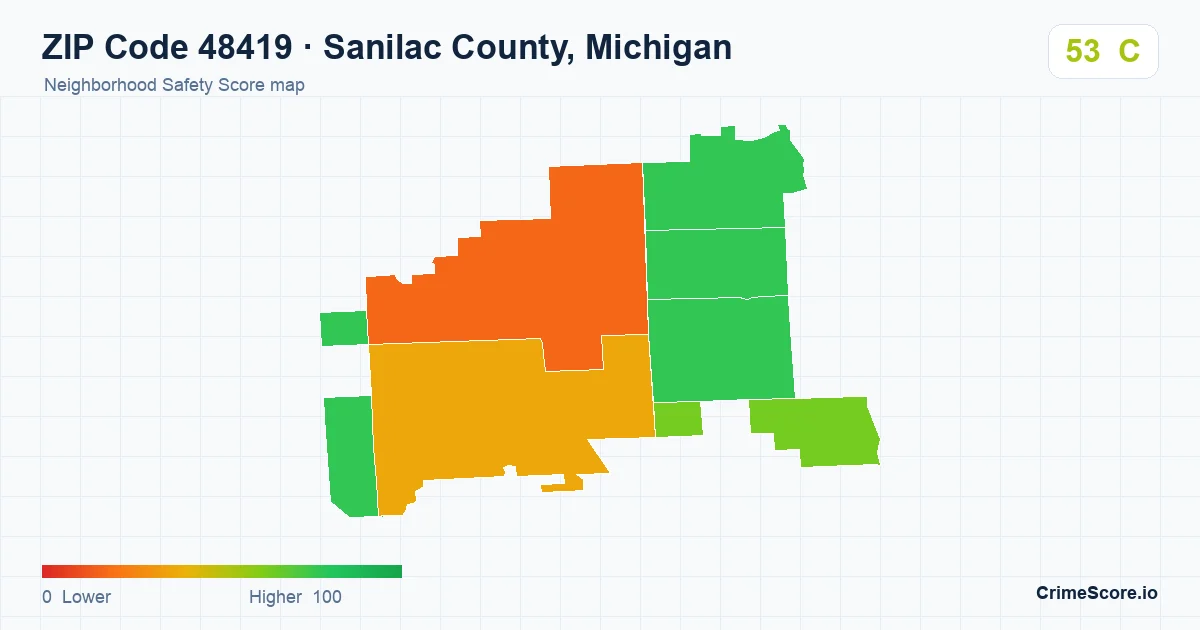 ZIP Code 48419 in Sanilac County, Michigan neighborhood Safety Score map