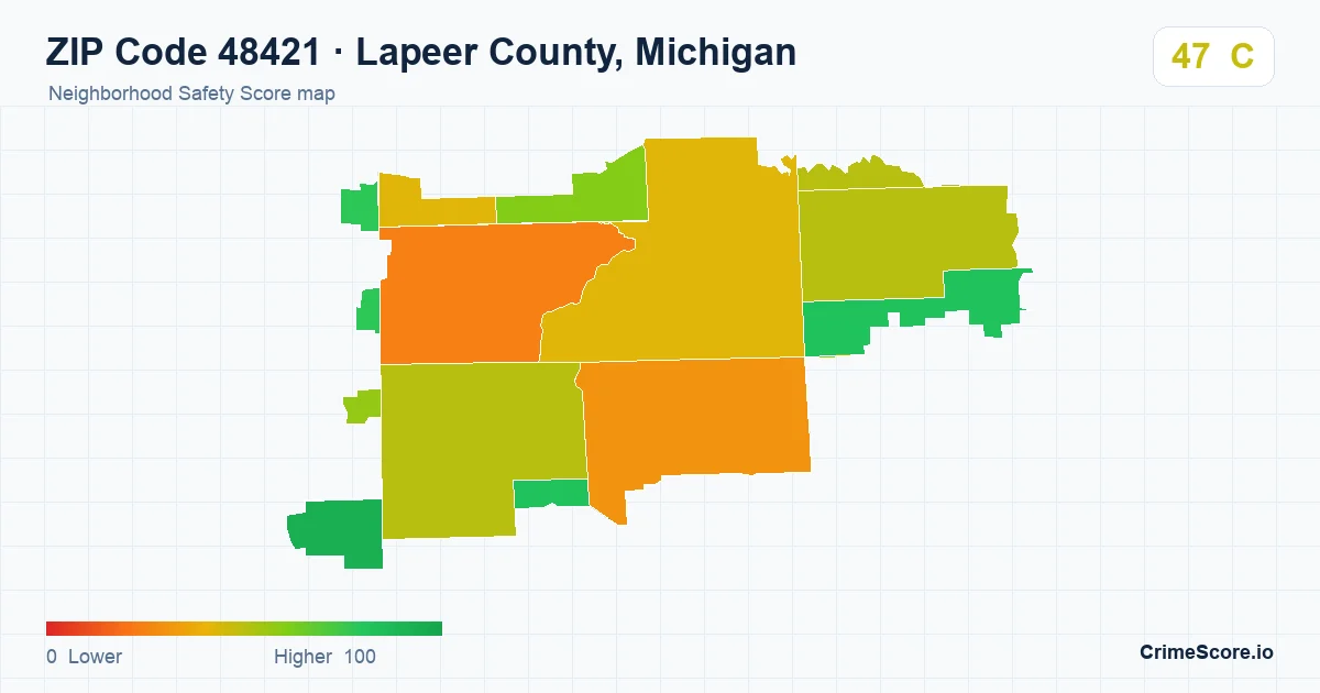 ZIP Code 48421 in Lapeer County, Michigan neighborhood Safety Score map