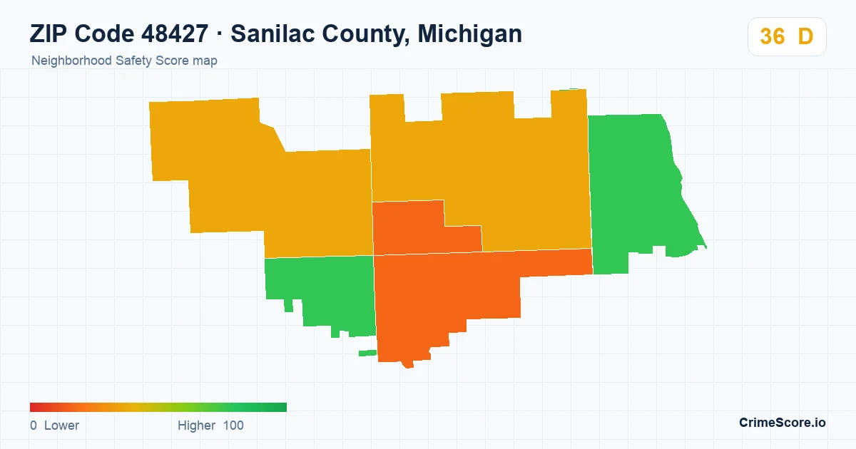 ZIP Code 48427 in Sanilac County, Michigan neighborhood Safety Score map