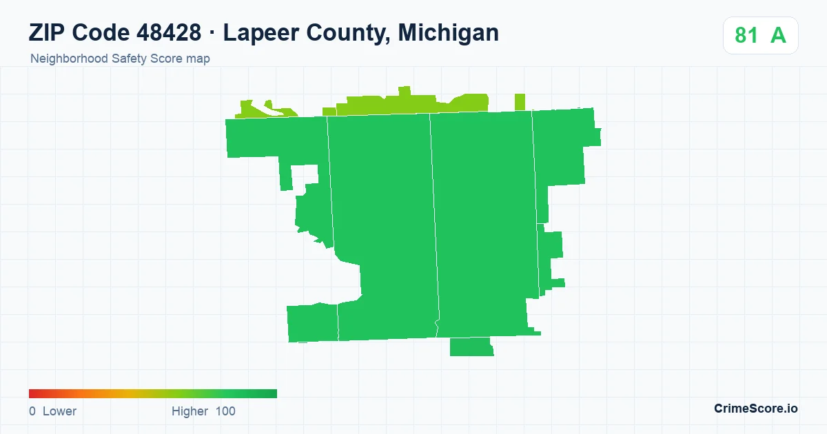ZIP Code 48428 in Lapeer County, Michigan neighborhood Safety Score map