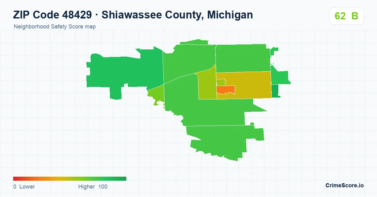 ZIP Code 48429 in Shiawassee County, Michigan neighborhood Safety Score map