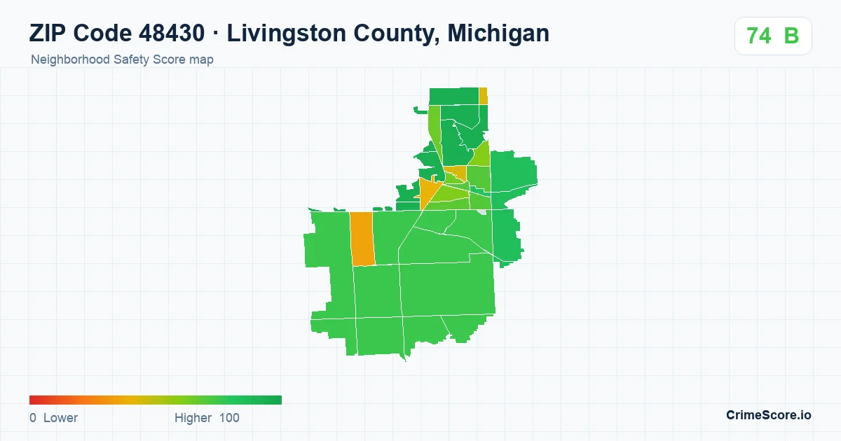 ZIP Code 48430 in Livingston County, Michigan neighborhood Safety Score map