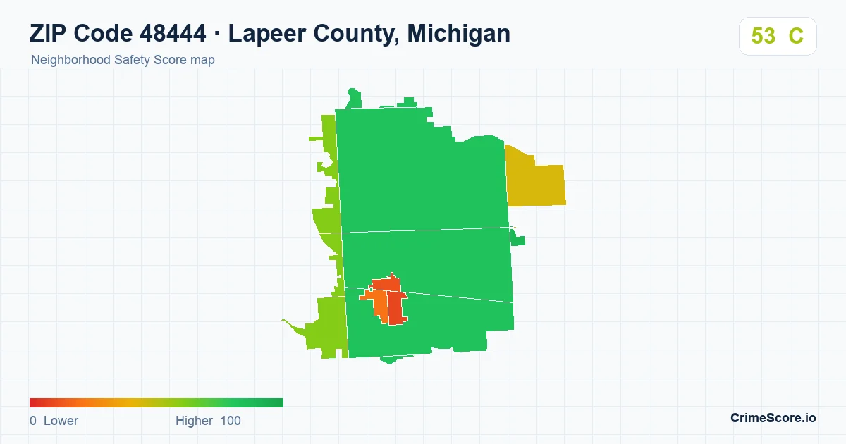 ZIP Code 48444 in Lapeer County, Michigan neighborhood Safety Score map