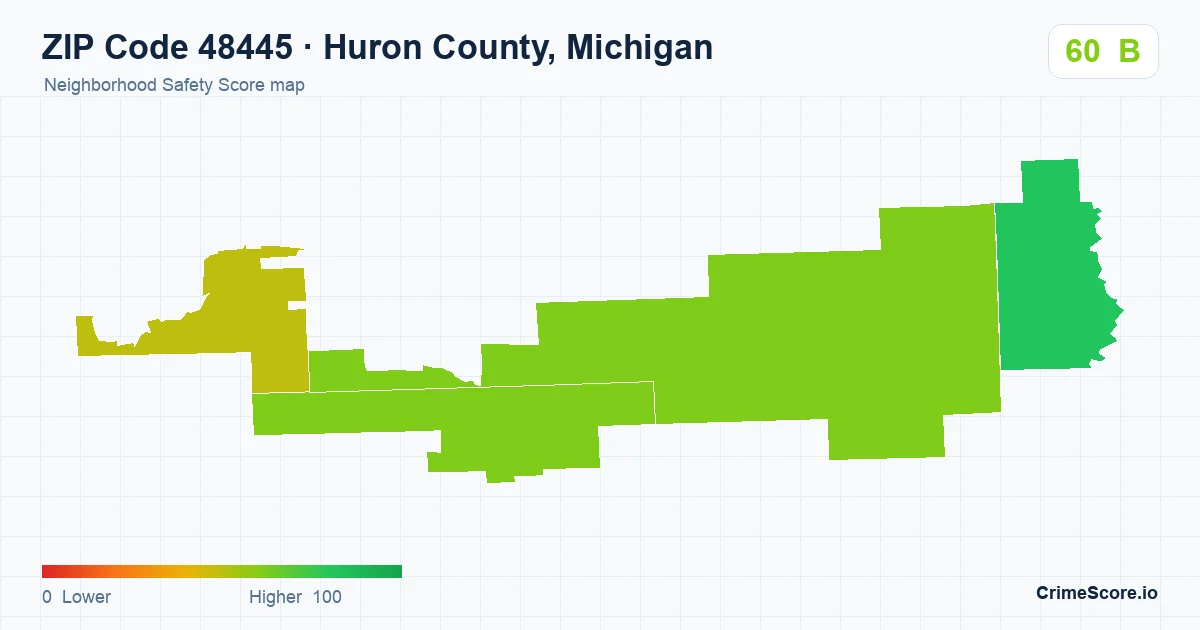 ZIP Code 48445 in Huron County, Michigan neighborhood Safety Score map
