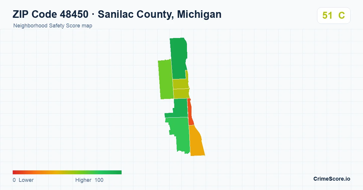 ZIP Code 48450 in Sanilac County, Michigan neighborhood Safety Score map