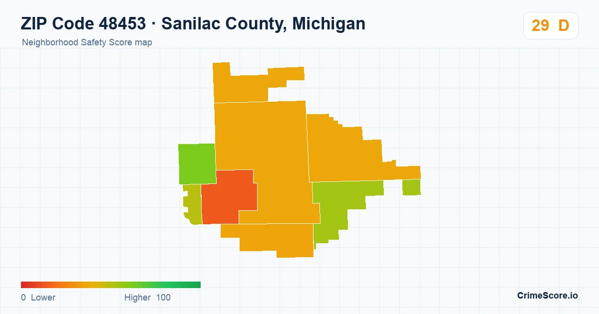 ZIP Code 48453 in Sanilac County, Michigan neighborhood Safety Score map