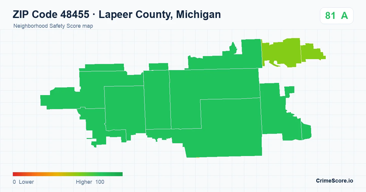 ZIP Code 48455 in Lapeer County, Michigan neighborhood Safety Score map