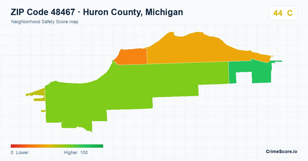 ZIP Code 48467 in Huron County, Michigan neighborhood Safety Score map