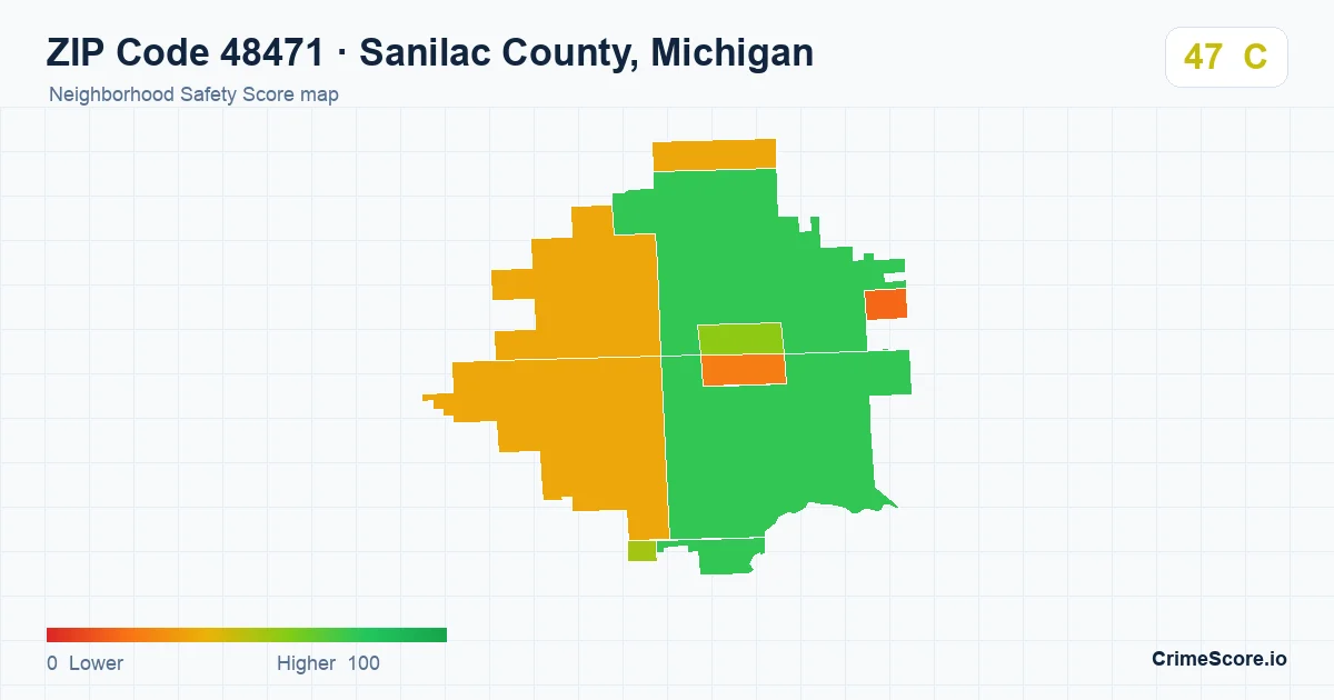 ZIP Code 48471 in Sanilac County, Michigan neighborhood Safety Score map