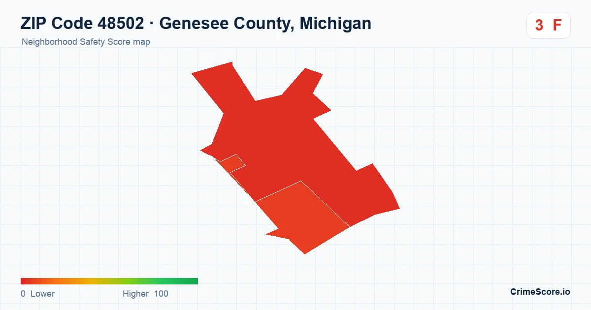 ZIP Code 48502 in Genesee County, Michigan neighborhood Safety Score map