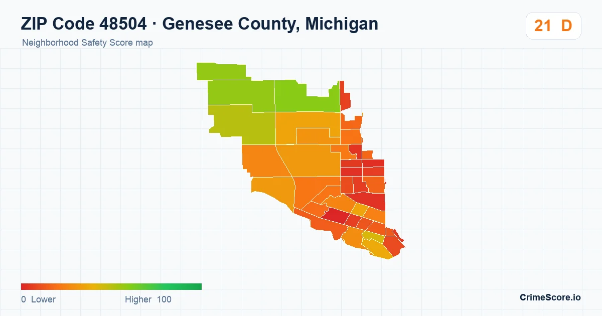 ZIP Code 48504 in Genesee County, Michigan neighborhood Safety Score map