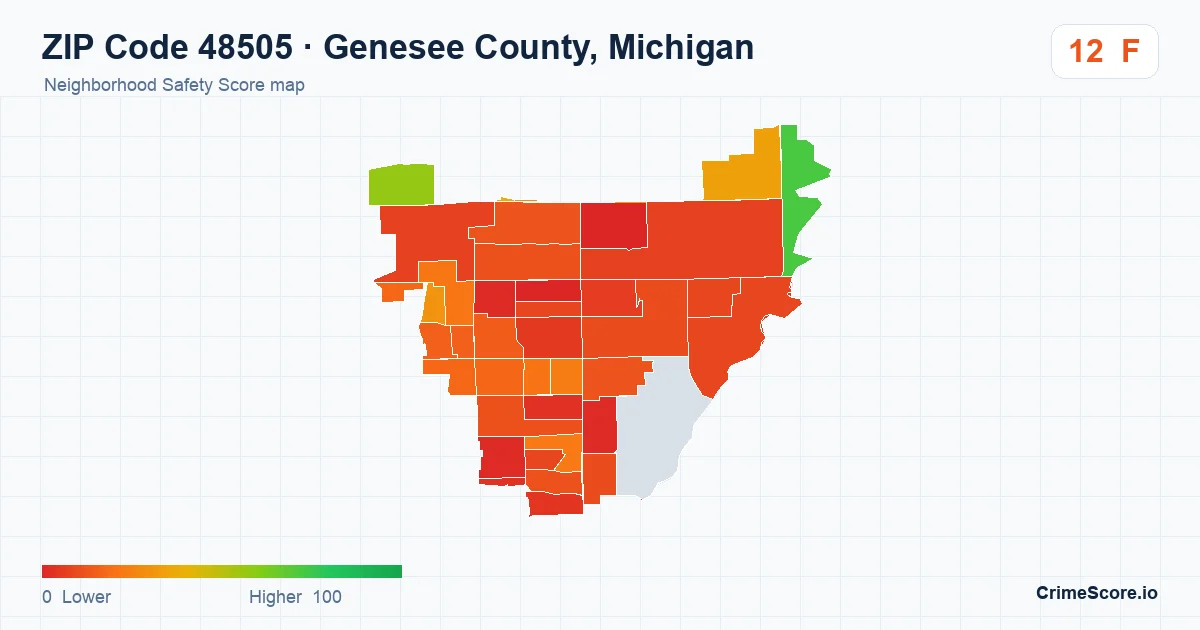 ZIP Code 48505 in Genesee County, Michigan neighborhood Safety Score map