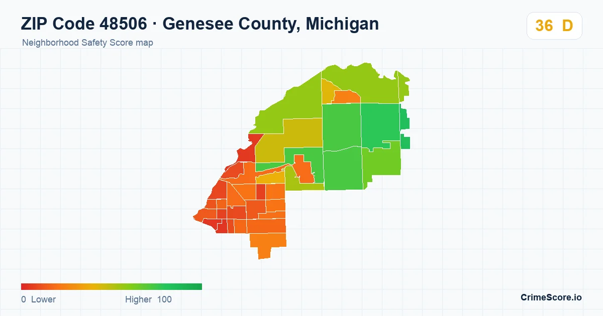 ZIP Code 48506 in Genesee County, Michigan neighborhood Safety Score map