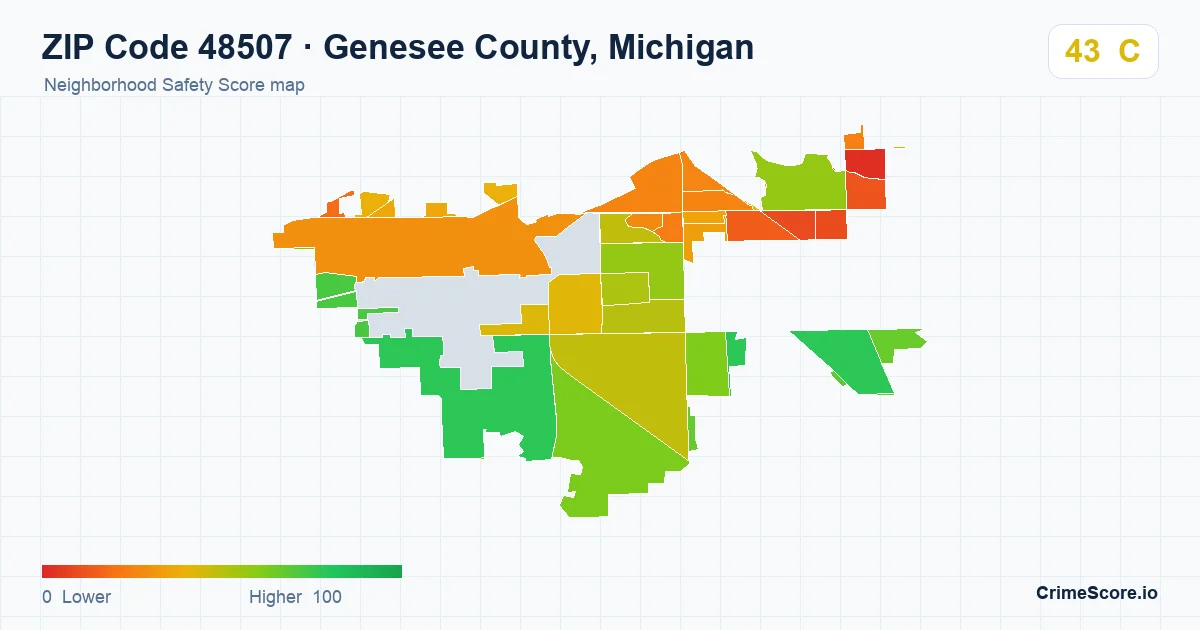 ZIP Code 48507 in Genesee County, Michigan neighborhood Safety Score map