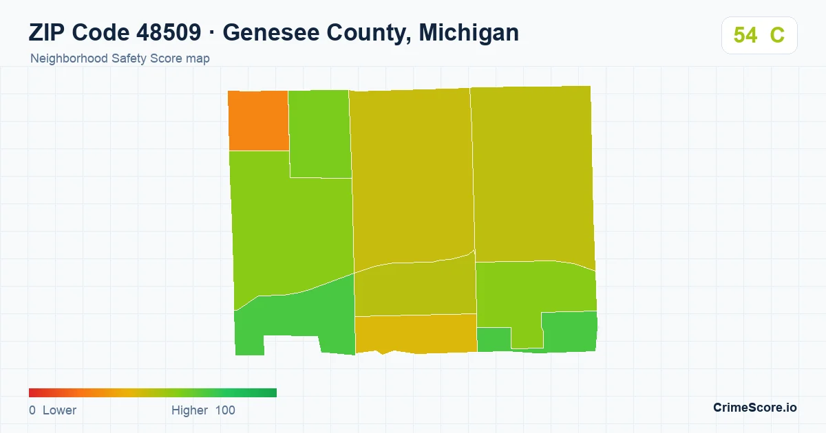 ZIP Code 48509 in Genesee County, Michigan neighborhood Safety Score map