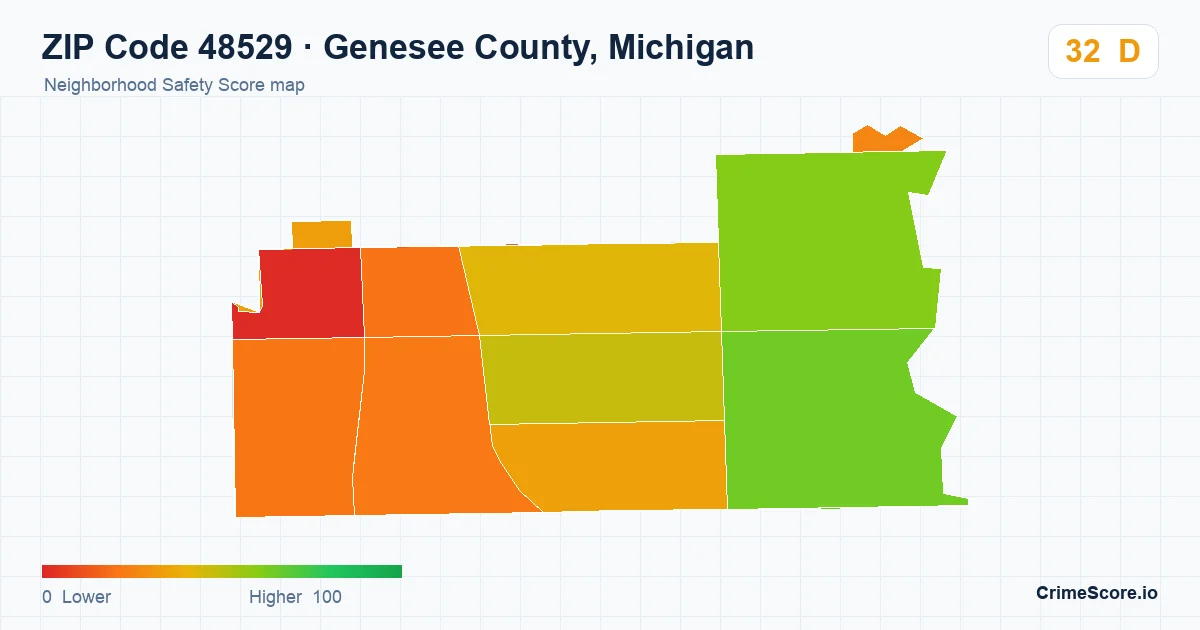 ZIP Code 48529 in Genesee County, Michigan neighborhood Safety Score map