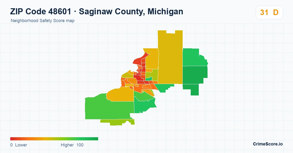 ZIP Code 48601 in Saginaw County, Michigan neighborhood Safety Score map