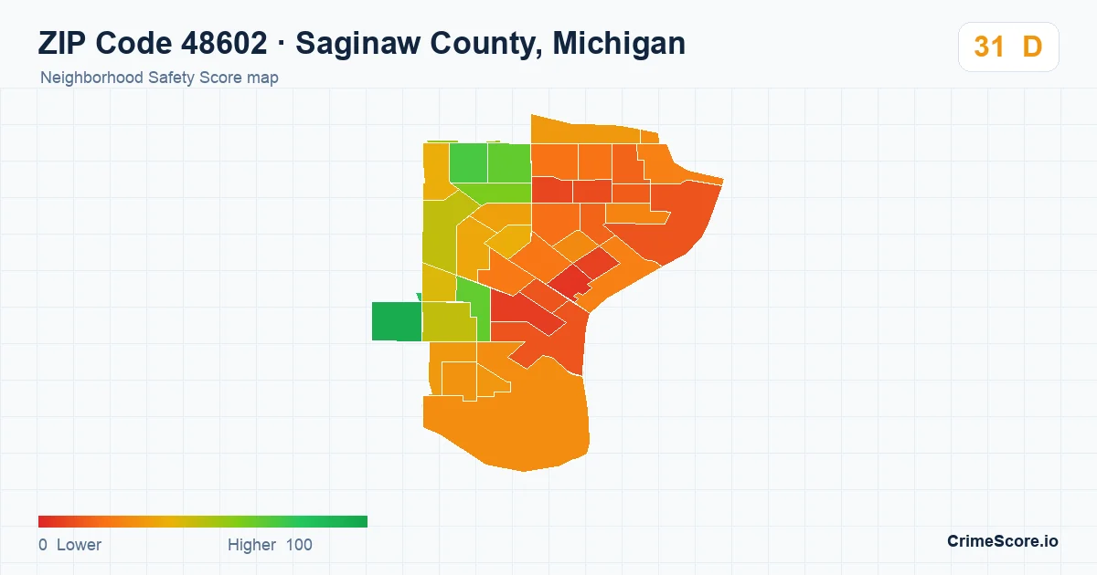 ZIP Code 48602 in Saginaw County, Michigan neighborhood Safety Score map