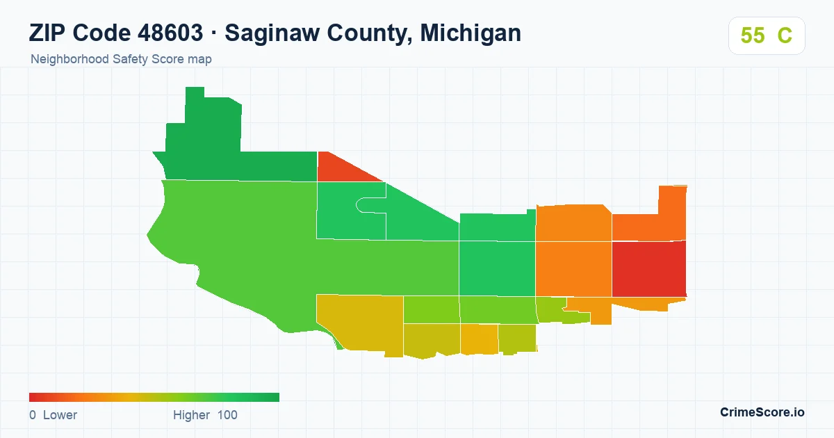 ZIP Code 48603 in Saginaw County, Michigan neighborhood Safety Score map