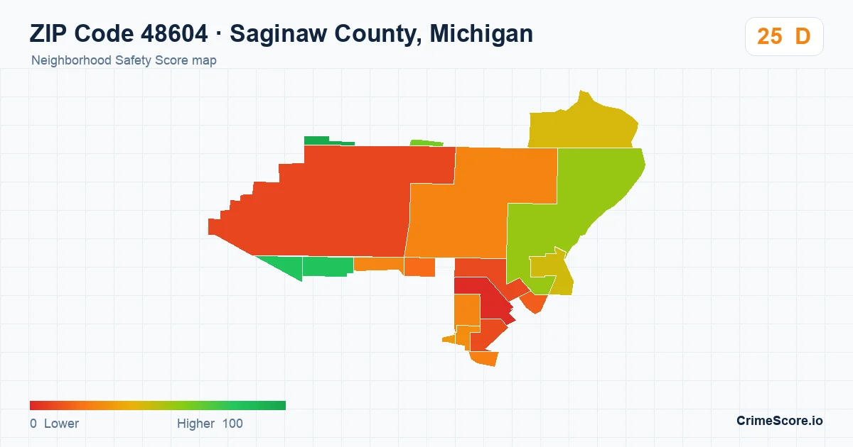 ZIP Code 48604 in Saginaw County, Michigan neighborhood Safety Score map