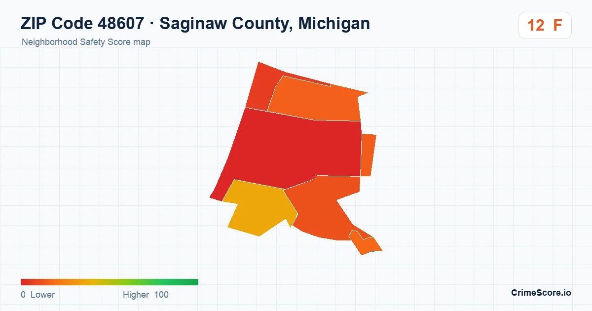 ZIP Code 48607 in Saginaw County, Michigan neighborhood Safety Score map