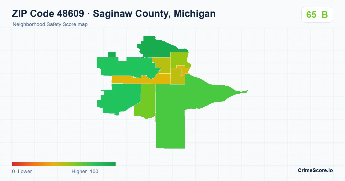 ZIP Code 48609 in Saginaw County, Michigan neighborhood Safety Score map