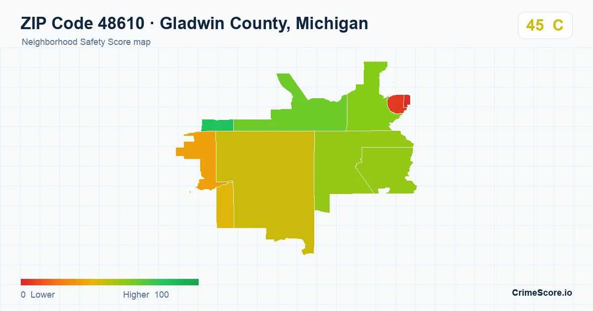 ZIP Code 48610 in Gladwin County, Michigan neighborhood Safety Score map