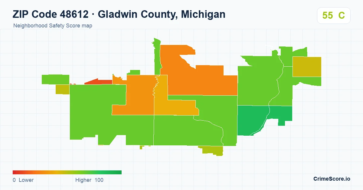 ZIP Code 48612 in Gladwin County, Michigan neighborhood Safety Score map