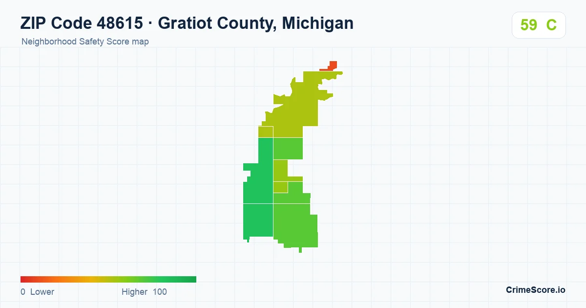 ZIP Code 48615 in Gratiot County, Michigan neighborhood Safety Score map