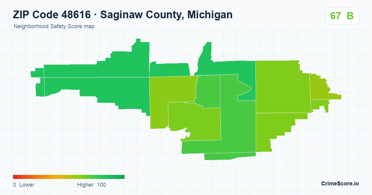 ZIP Code 48616 in Saginaw County, Michigan neighborhood Safety Score map