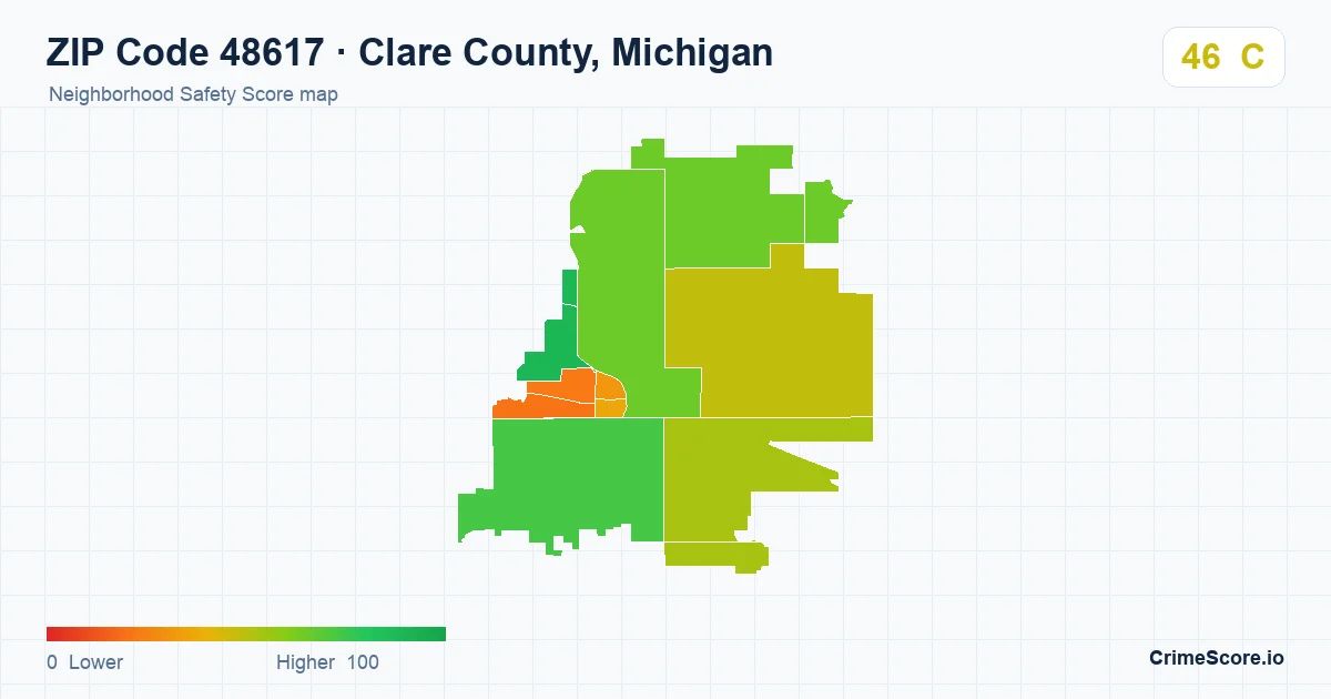 ZIP Code 48617 in Clare County, Michigan neighborhood Safety Score map