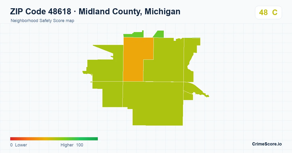ZIP Code 48618 in Midland County, Michigan neighborhood Safety Score map