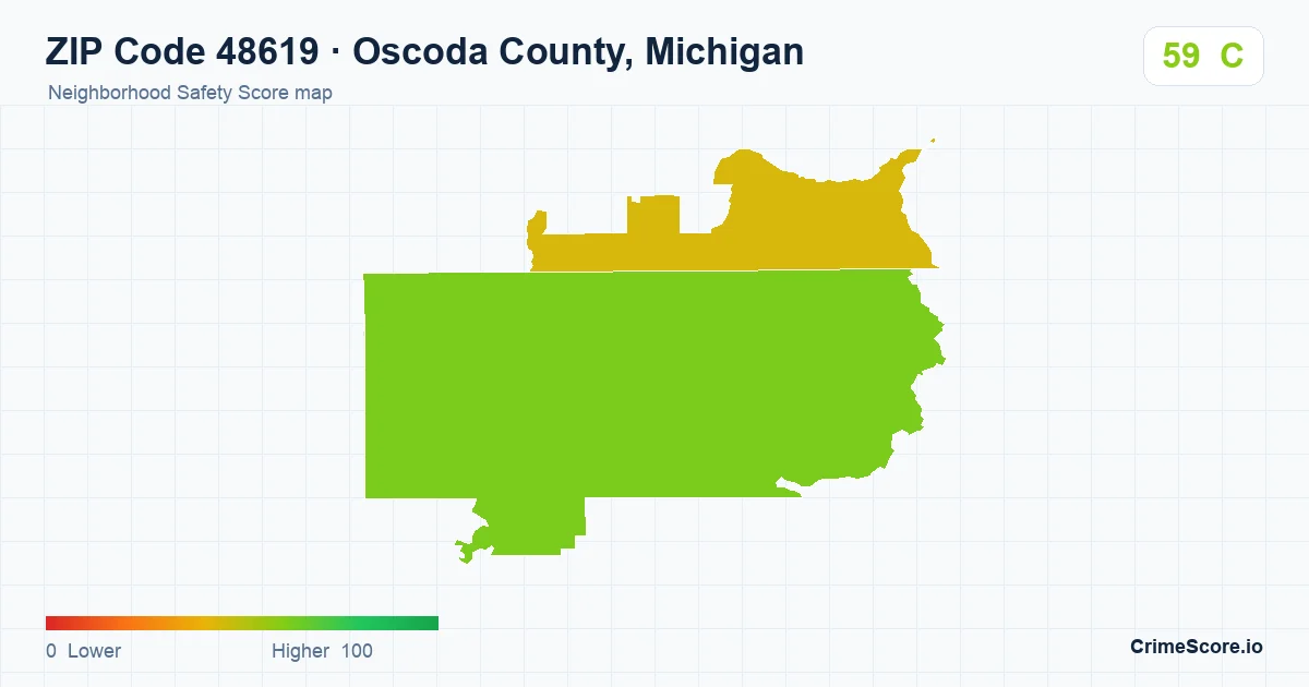 ZIP Code 48619 in Oscoda County, Michigan neighborhood Safety Score map