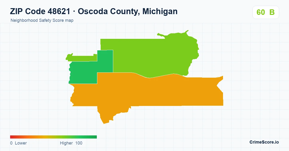 ZIP Code 48621 in Oscoda County, Michigan neighborhood Safety Score map