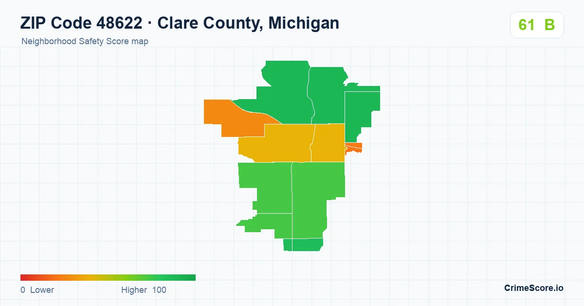 ZIP Code 48622 in Clare County, Michigan neighborhood Safety Score map