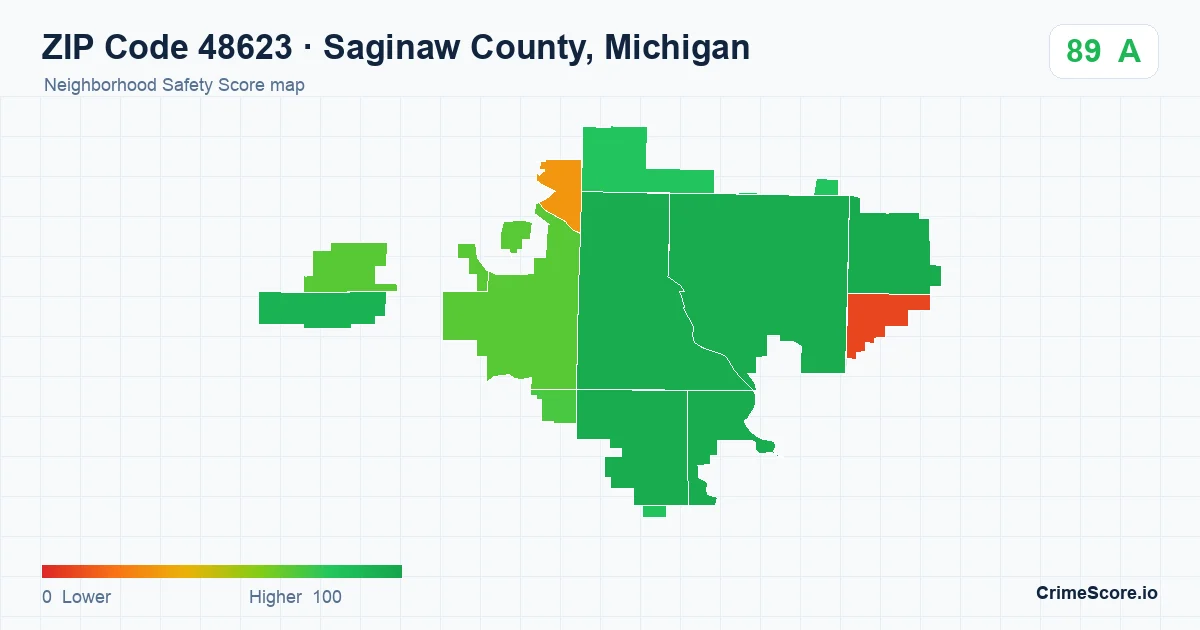 ZIP Code 48623 in Saginaw County, Michigan neighborhood Safety Score map